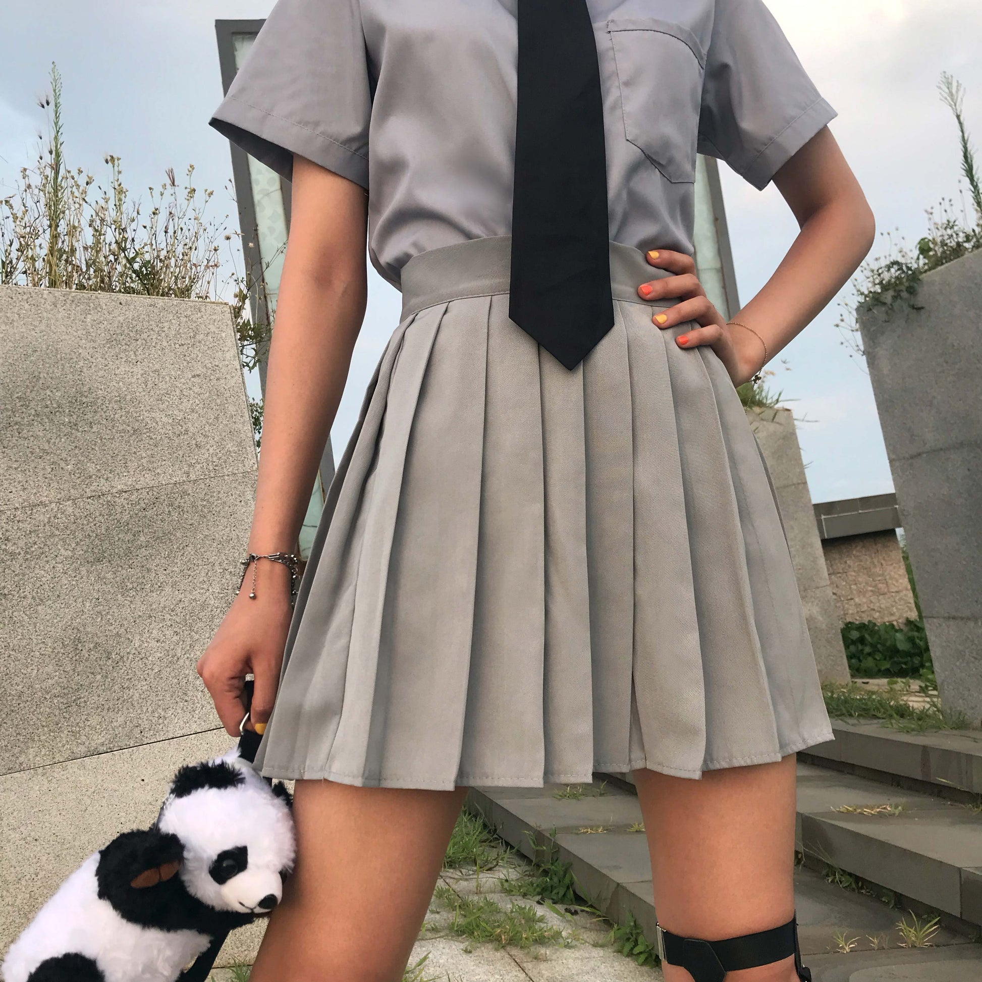 Dark Academia Schoolgirl Uniform Pleated Skirt Gray gray