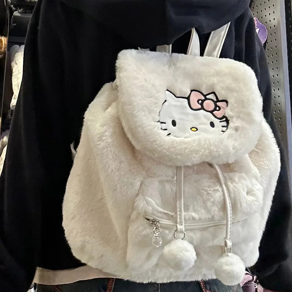 Fuzzy Kawaii Pompom Backpacks White