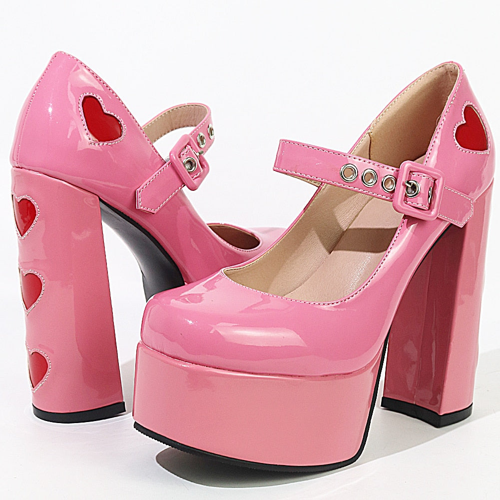 Lovecore Hearts Mary Janes High Heels Pink