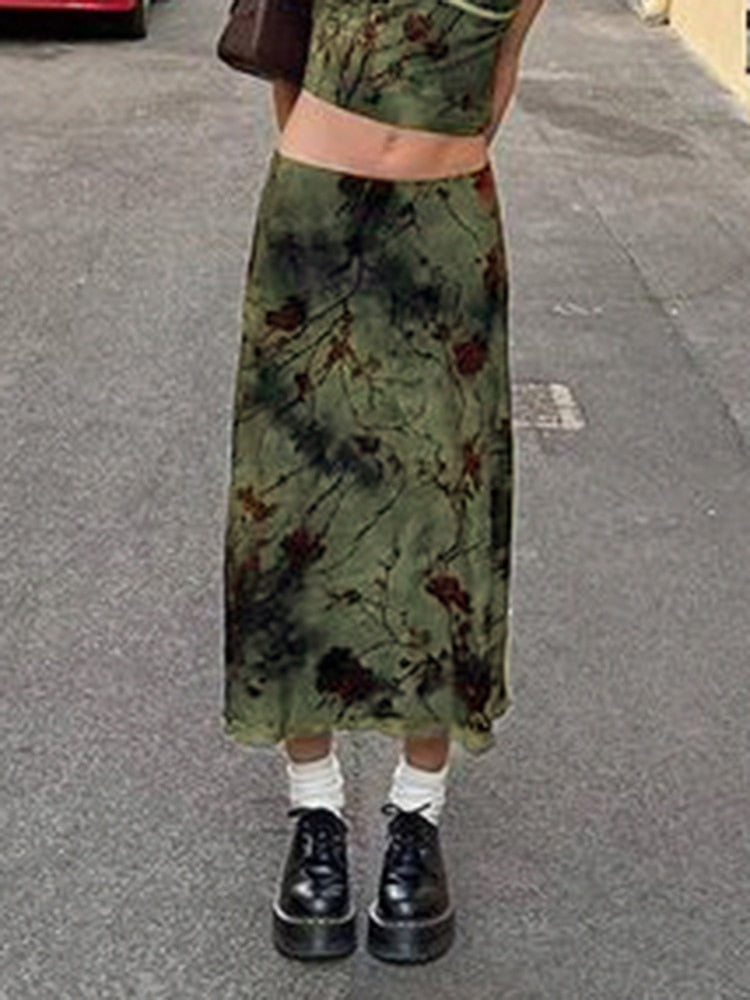 Fairy Grunge Green Floral Midi Skirt