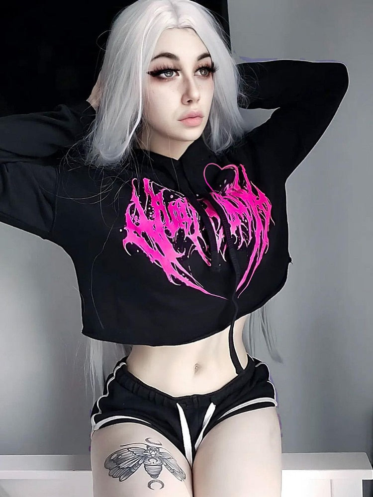 E-Girl Hardcore Print Gothic Crop Hoodie