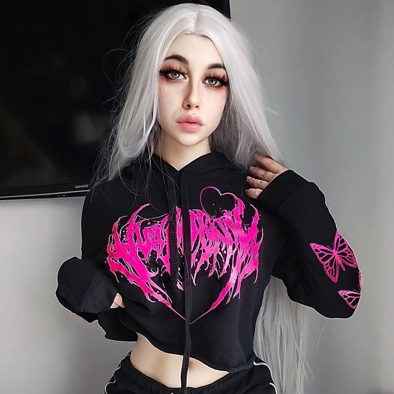 E-Girl Hardcore Print Gothic Crop Hoodie