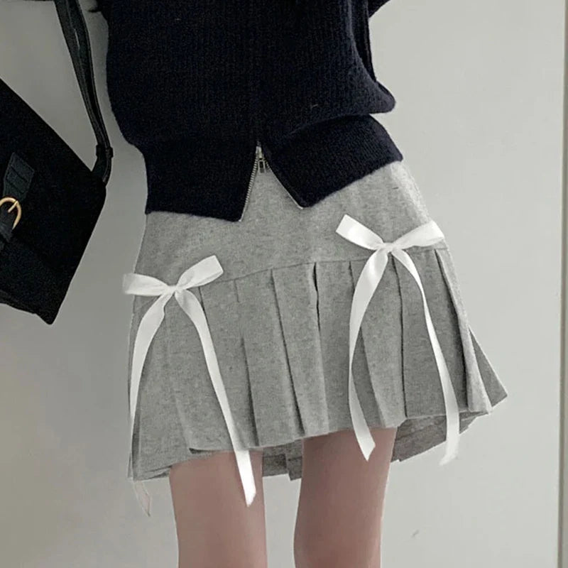 Coquette Aesthetic Outfits Double Bow Gray Pleated Mini Skirt