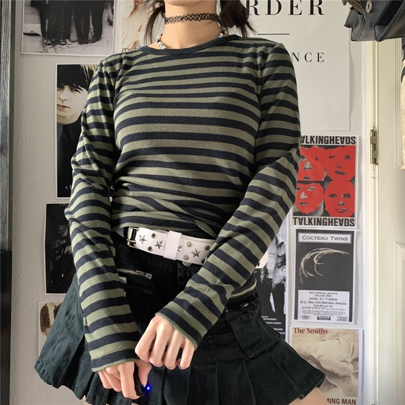 Grunge Aesthetic Striped Long Sleeve T-Shirt Green