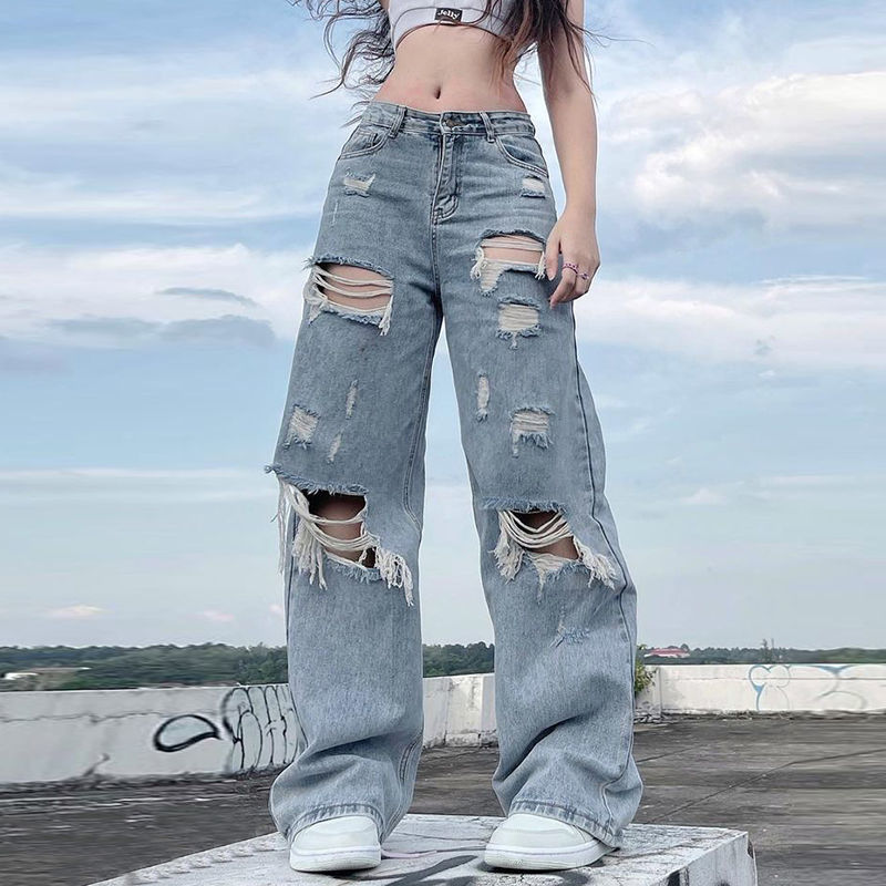 Y2K Grunge Ripped Barrel Jeans Blue