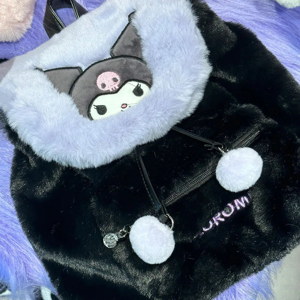 Fuzzy Kawaii Pompom Backpacks Black