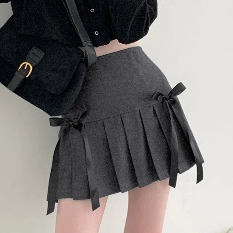 Coquette Aesthetic Outfits Double Bow Gray Pleated Mini Skirt Dark Gray