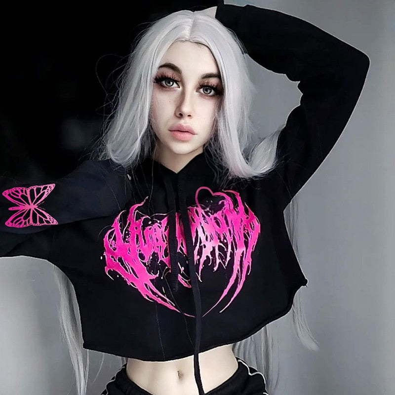 E-Girl Hardcore Print Gothic Crop Hoodie