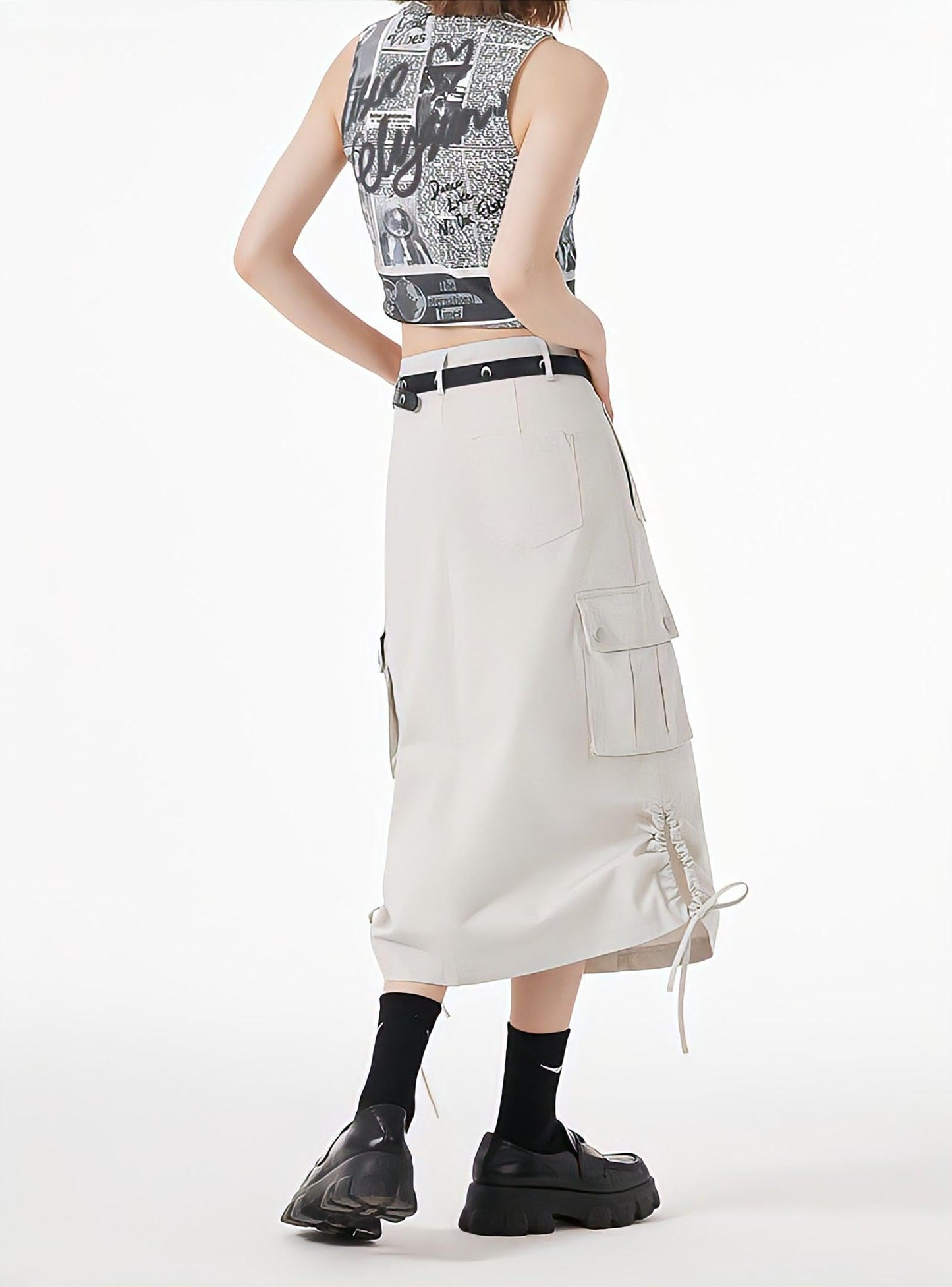 Slit & String Detailed Cargo Midi Skirt