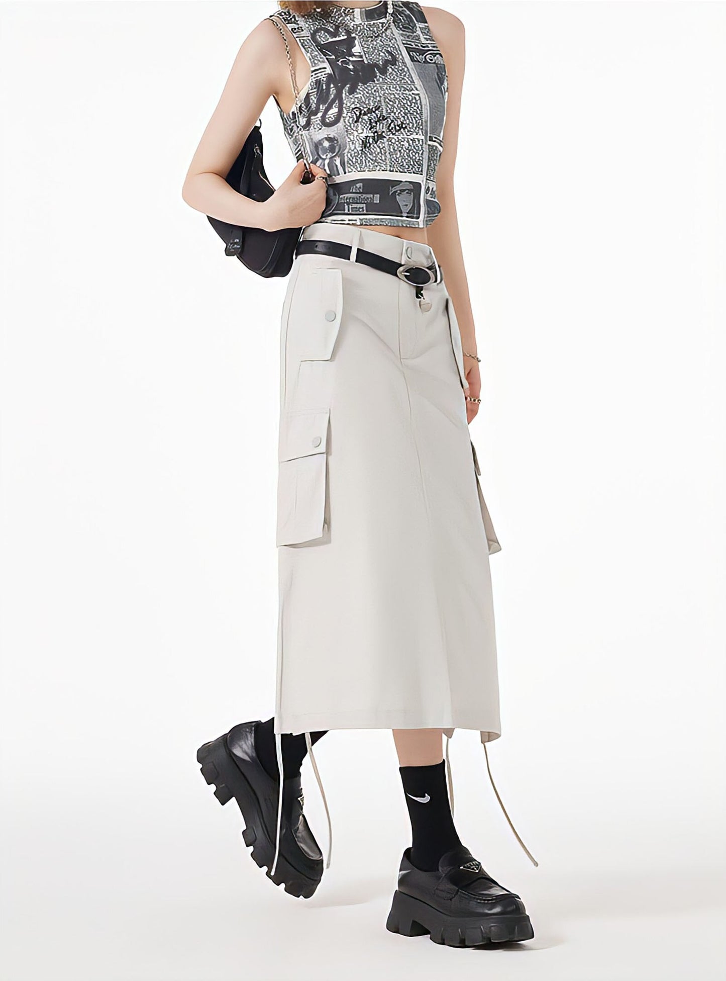 Slit & String Detailed Cargo Midi Skirt