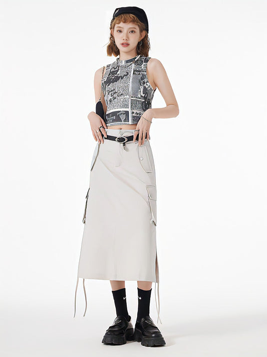 Slit & String Detailed Cargo Midi Skirt Gray