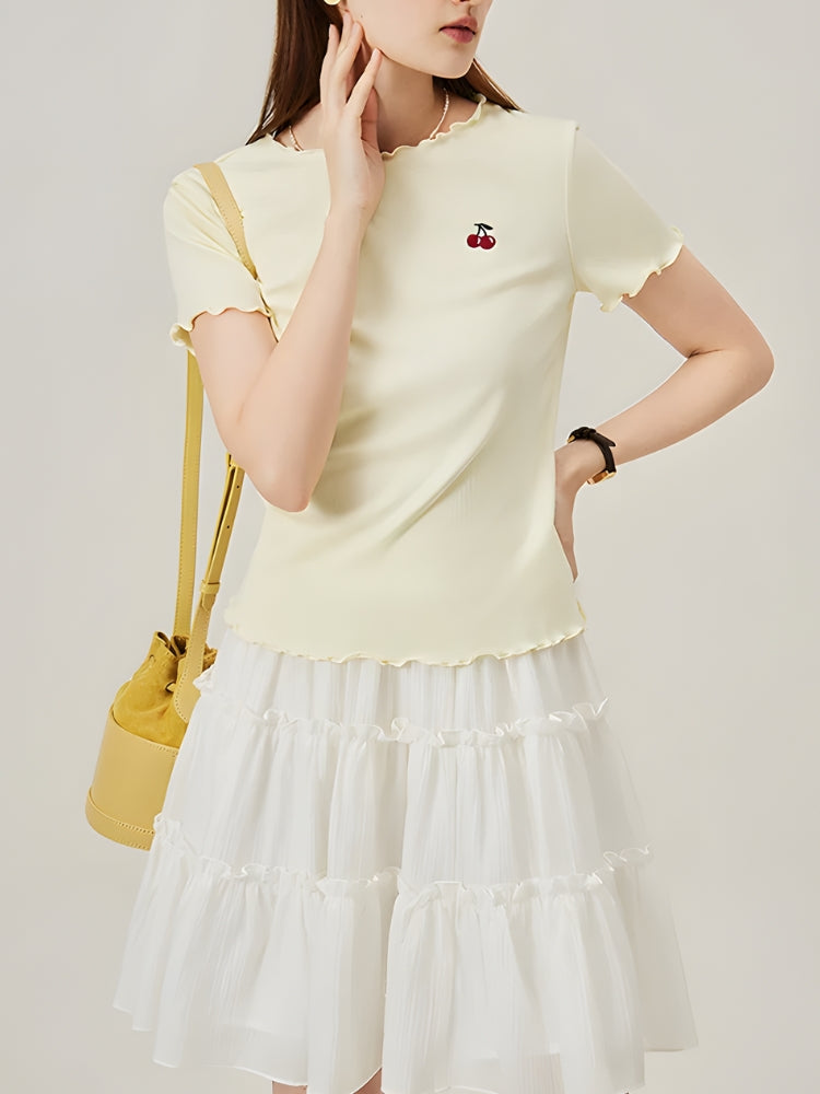 Soft Girl Cherry Lettuce Edge Tee Khaki