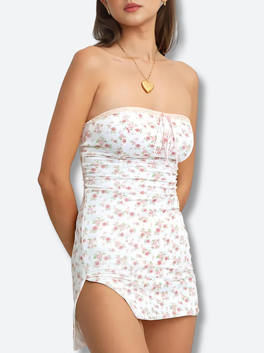 Soft Girl Floral Tube Mini Dress White