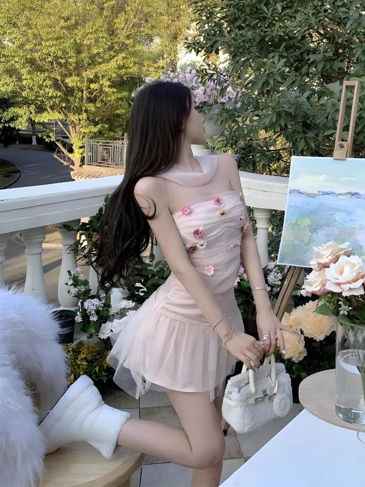 Soft Girl Flower Tube Top & Tulle Mini Skirt Coord