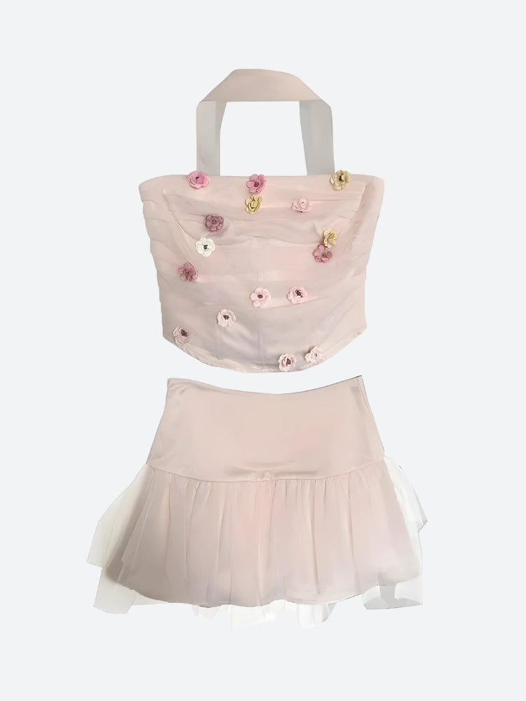 Soft Girl Flower Tube Top & Tulle Mini Skirt Coord