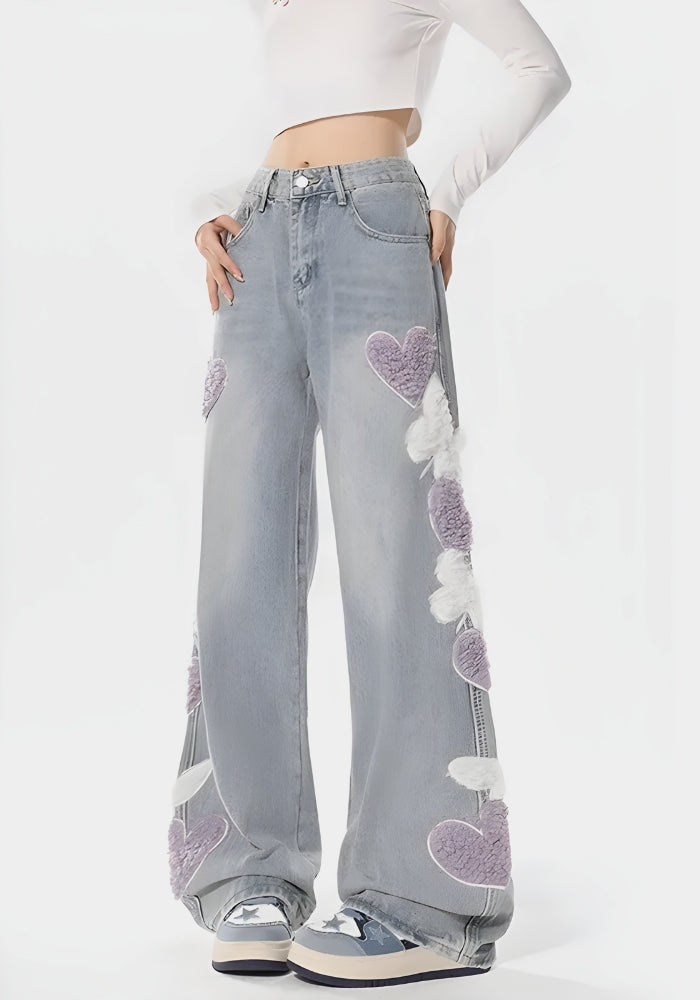 Soft Girl Fluffy Heart Butterfly Jeans Gray