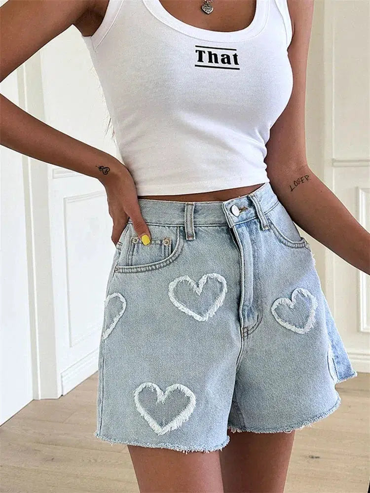 Soft Girl Heart Patch Denim Shorts