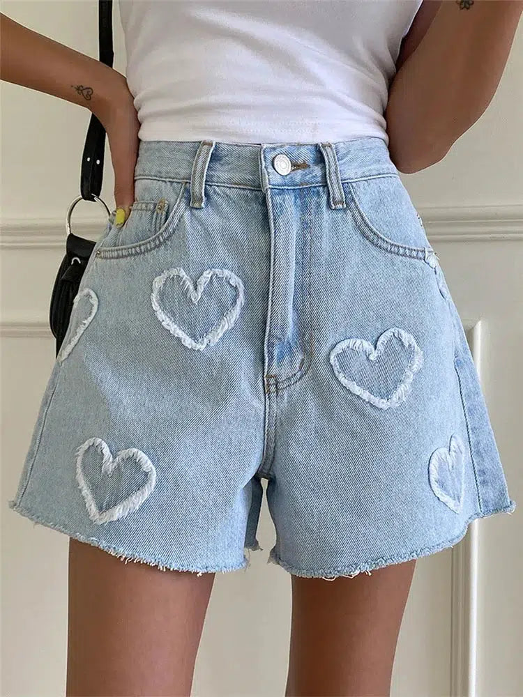 Soft Girl Heart Patch Denim Shorts Light Blue