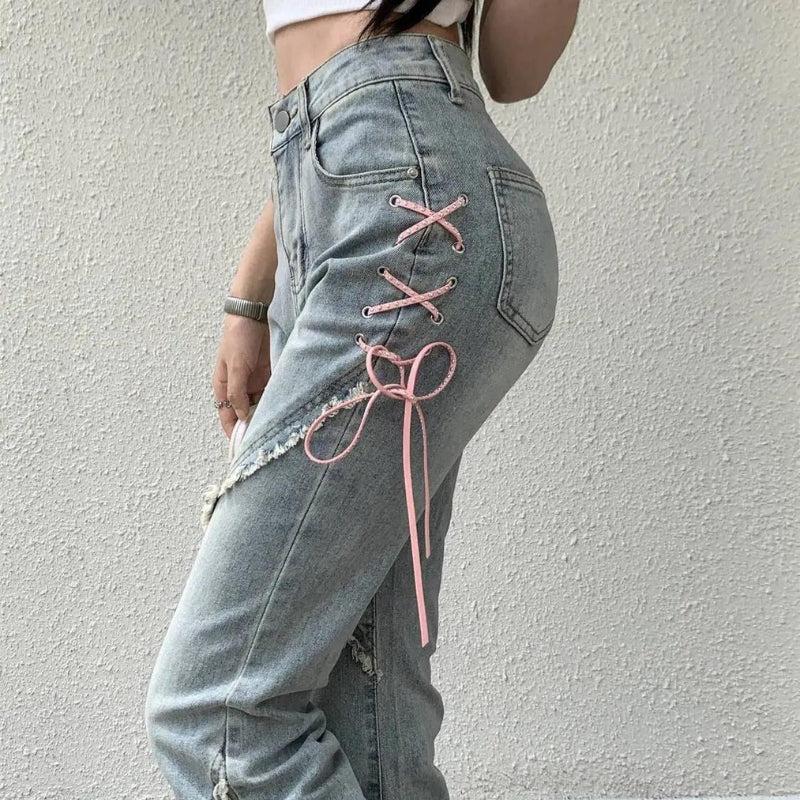 Soft Girl Lace Up Slit Bell Bottom Jeans