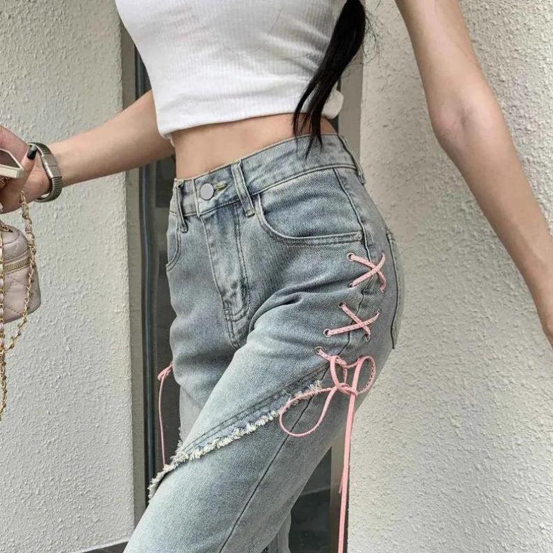 Soft Girl Lace Up Slit Bell Bottom Jeans