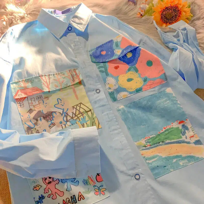 Soft Girl Oil Painting Shirt Light Blue