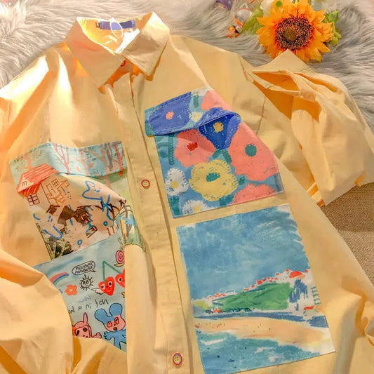 Soft Girl Oil Painting Shirt Yellow