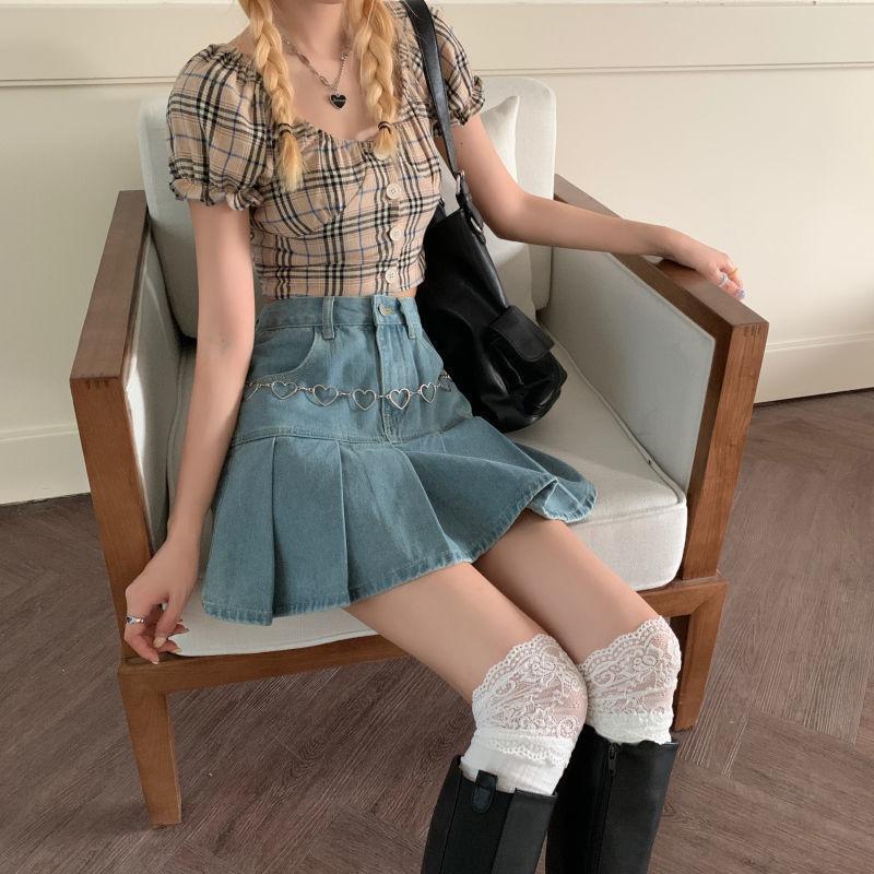 Soft Girl Pleated Denim Mini Skirt