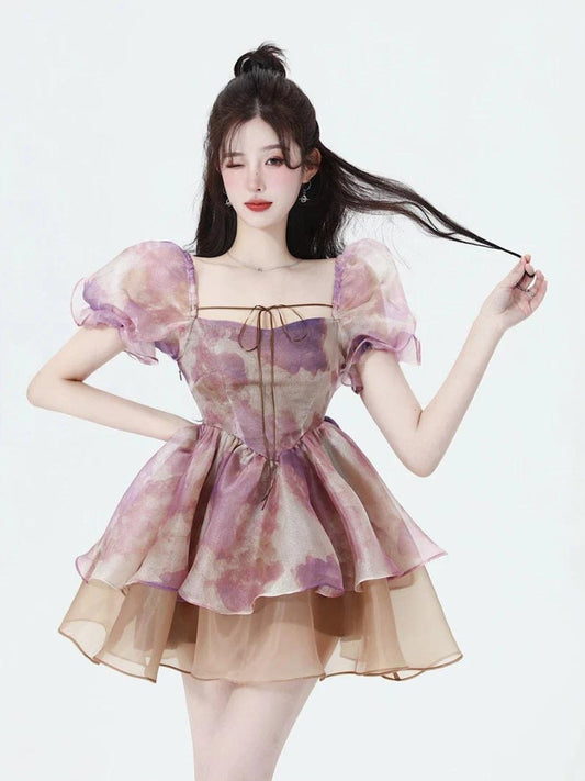 Soft Girl Puff Sleeve Layered Mini Dress Lilac