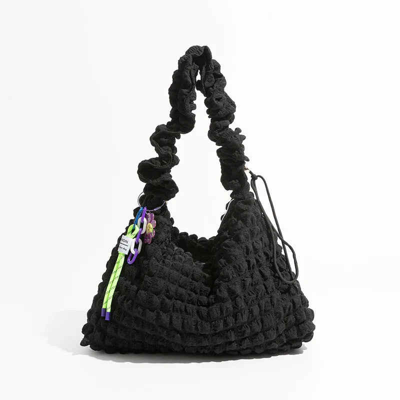 Soft Girl Quilted Ruched Hobo Bag Black