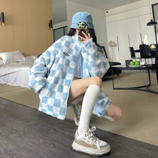 Soft Girl Reversible Checkered Sherpa Jacket Blue