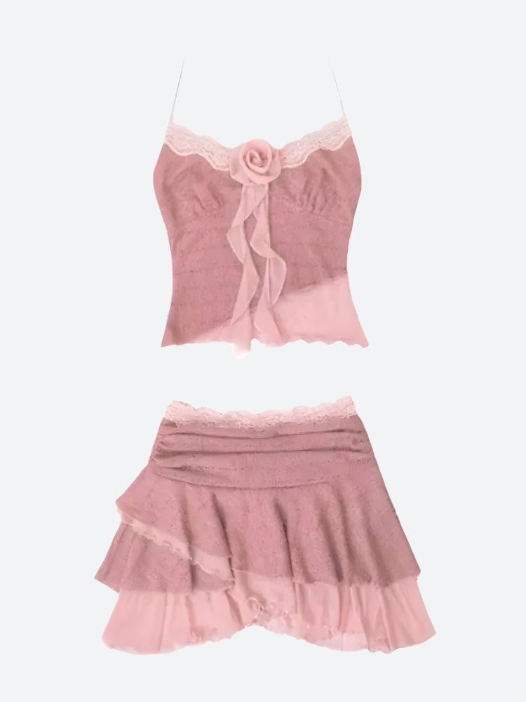 Soft Girl Rose Top & Mini Skirt Two Piece Coord