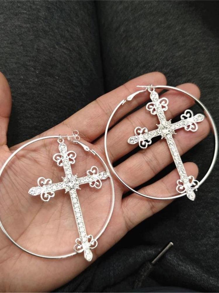 Sparkle Cross Hoop Earrings Silver