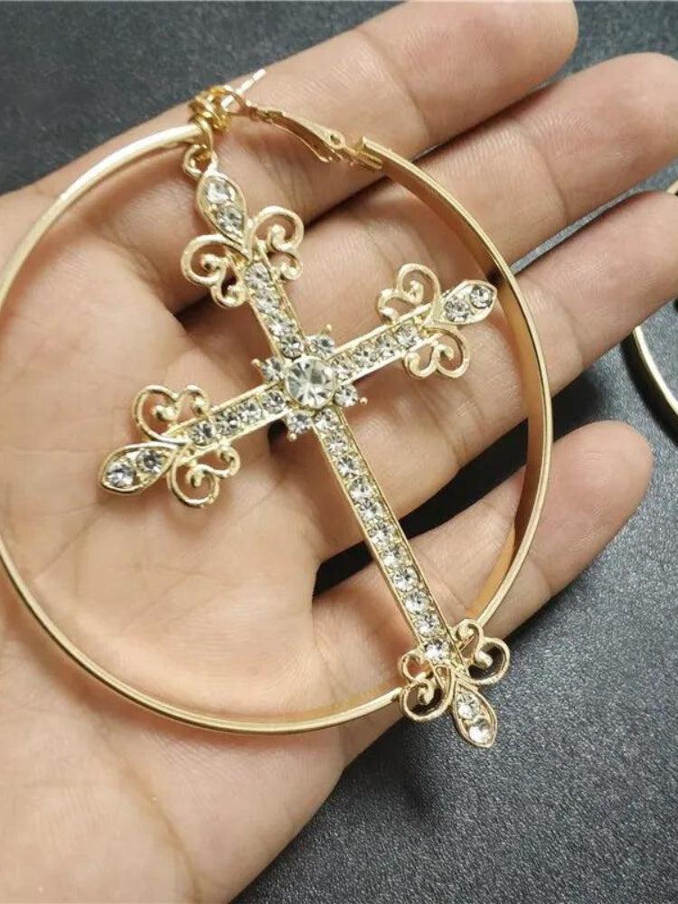 Sparkle Cross Hoop Earrings Gold