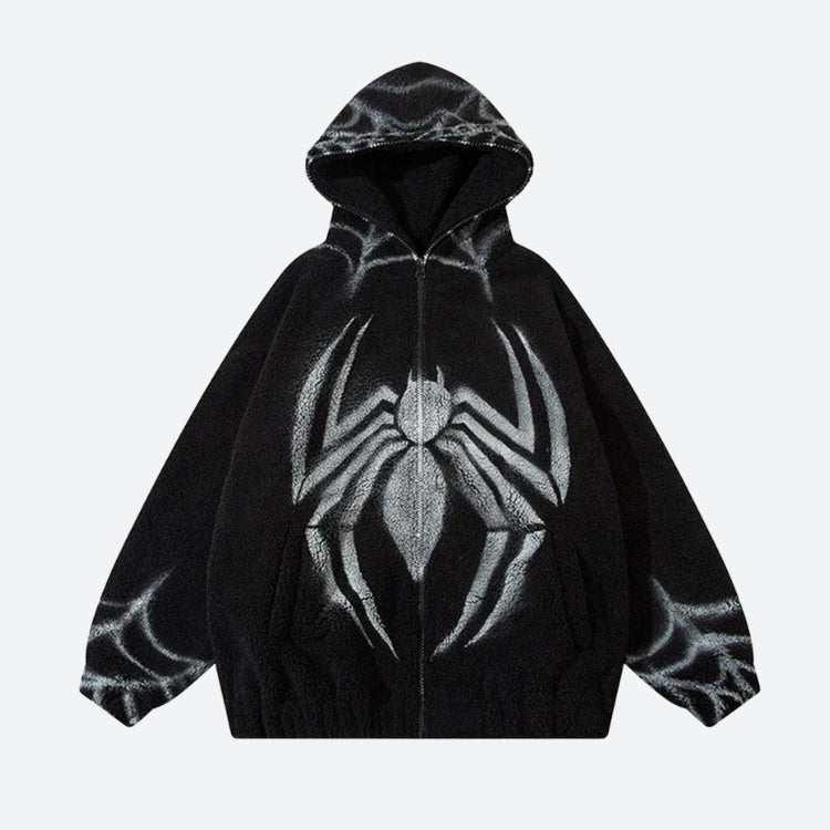 Spider Full Zip-Up Teddy Hoodie Jacket Black