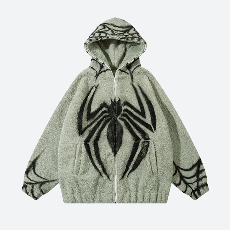 Spider Full Zip-Up Teddy Hoodie Jacket Light Green