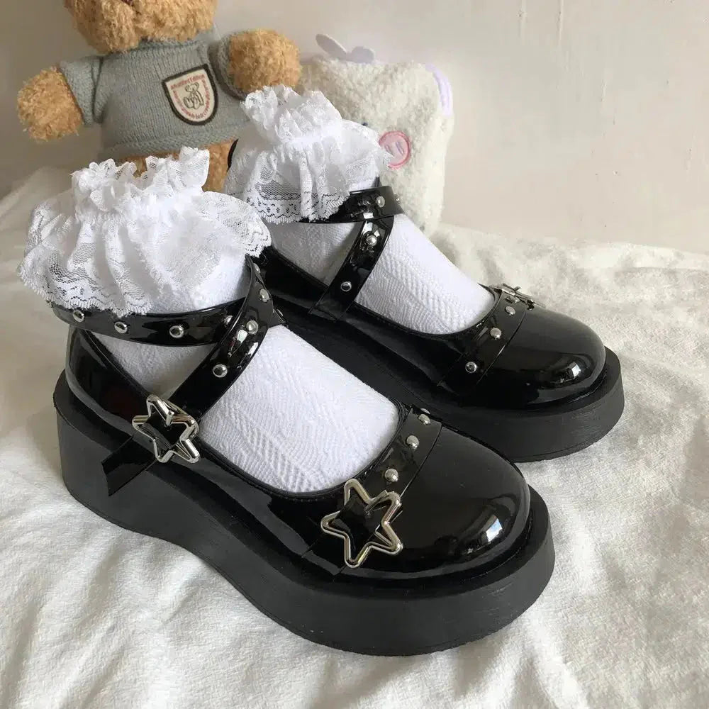 Star Buckled Platform Mary Jane Shoes Black