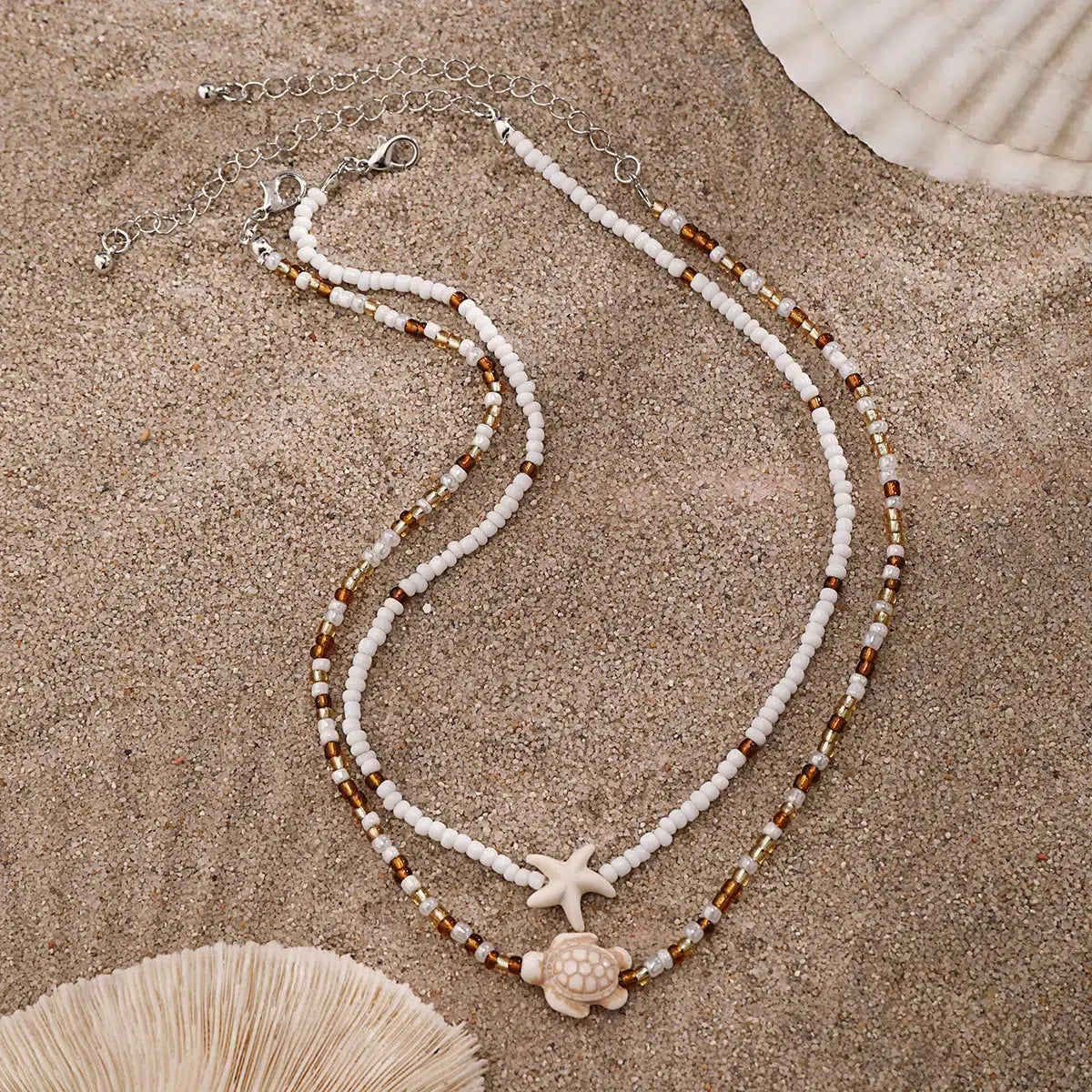 Starfish & Turtle Beaded Two-Pack Necklace Set