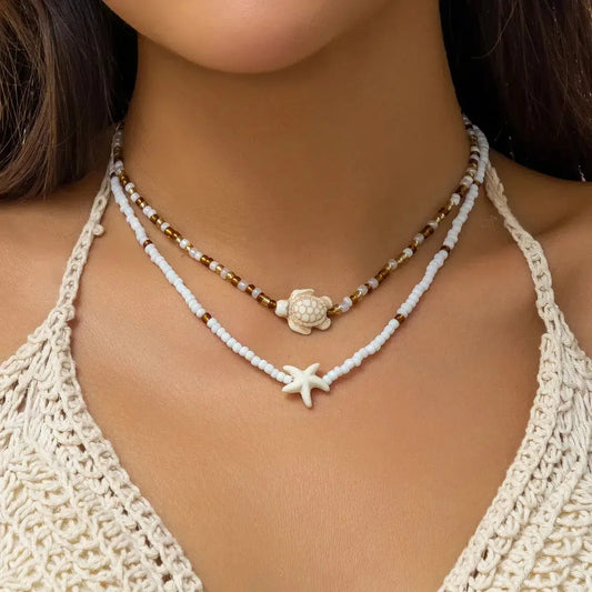 Starfish & Turtle Beaded Two-Pack Necklace Set White