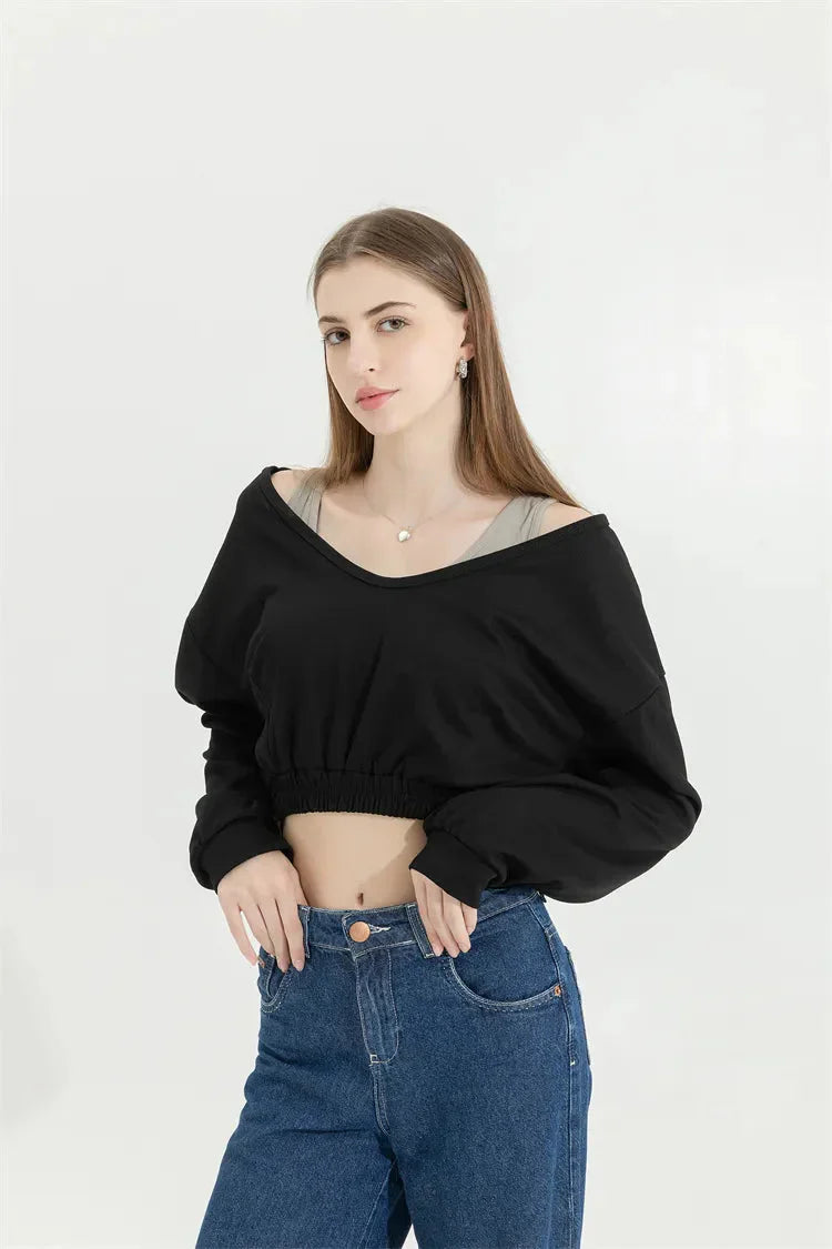 Strap Detailed Wide Neck Crop Sweatshirt Black