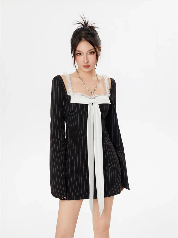 Striped Lace Strap Bow Mini Dress Black