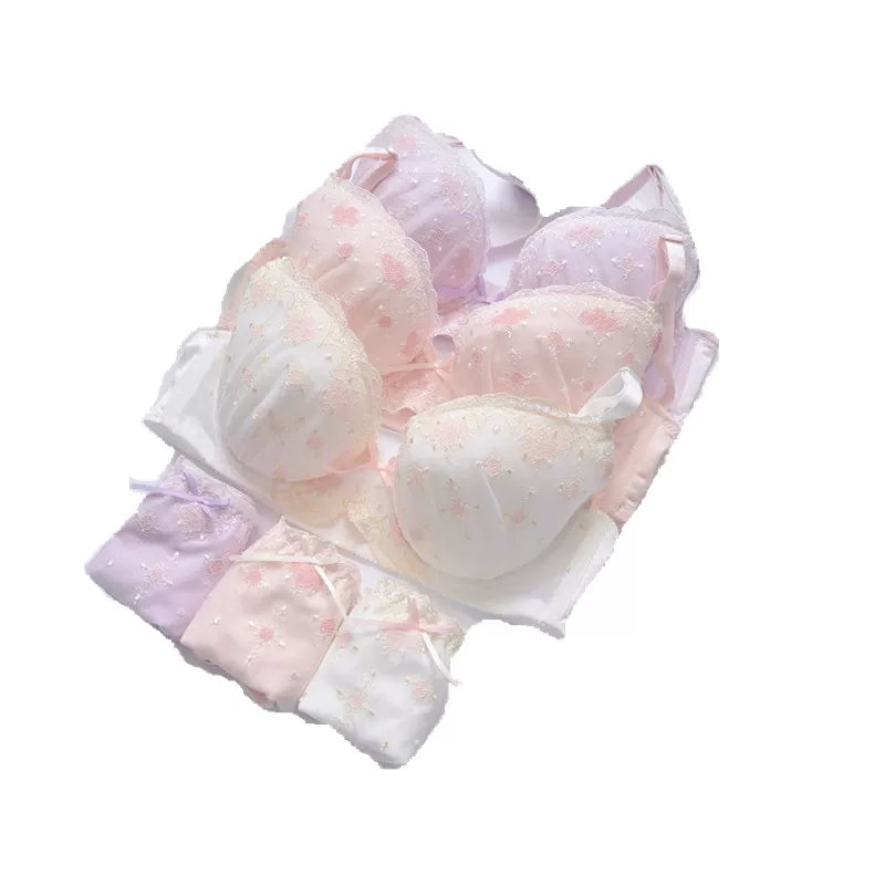 Coquette Embroidered Lingerie Set | Seamless Thin Cup Bra & Panty Set for Women