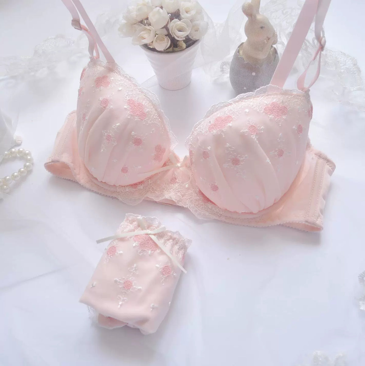 Coquette Embroidered Lingerie Set | Seamless Thin Cup Bra & Panty Set for Women