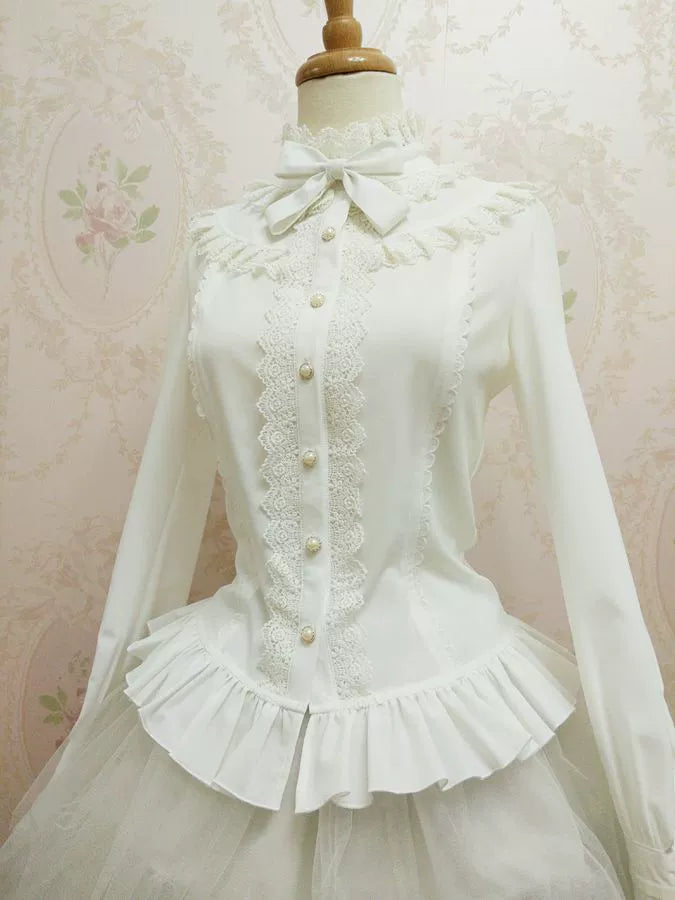 Elegant Lolita Shirt Stand Collar Puff Long Sleeve Blouse