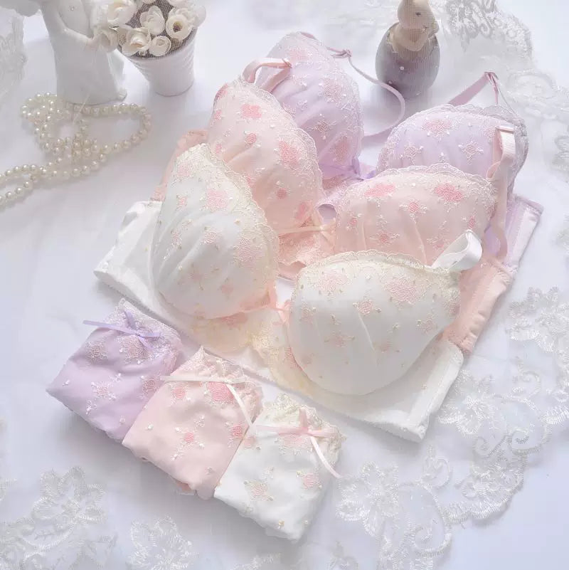 Coquette Embroidered Lingerie Set | Seamless Thin Cup Bra & Panty Set for Women