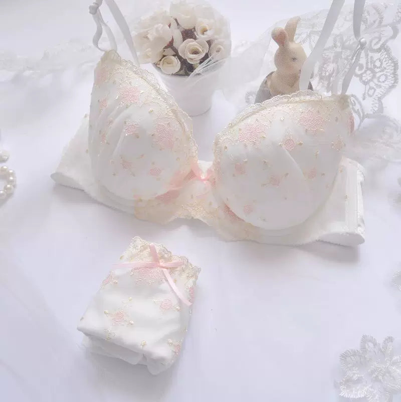 Coquette Embroidered Lingerie Set | Seamless Thin Cup Bra & Panty Set for Women