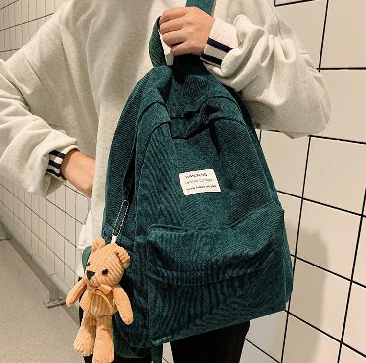 Teddy Bear Corduroy School Backpack Dark Green