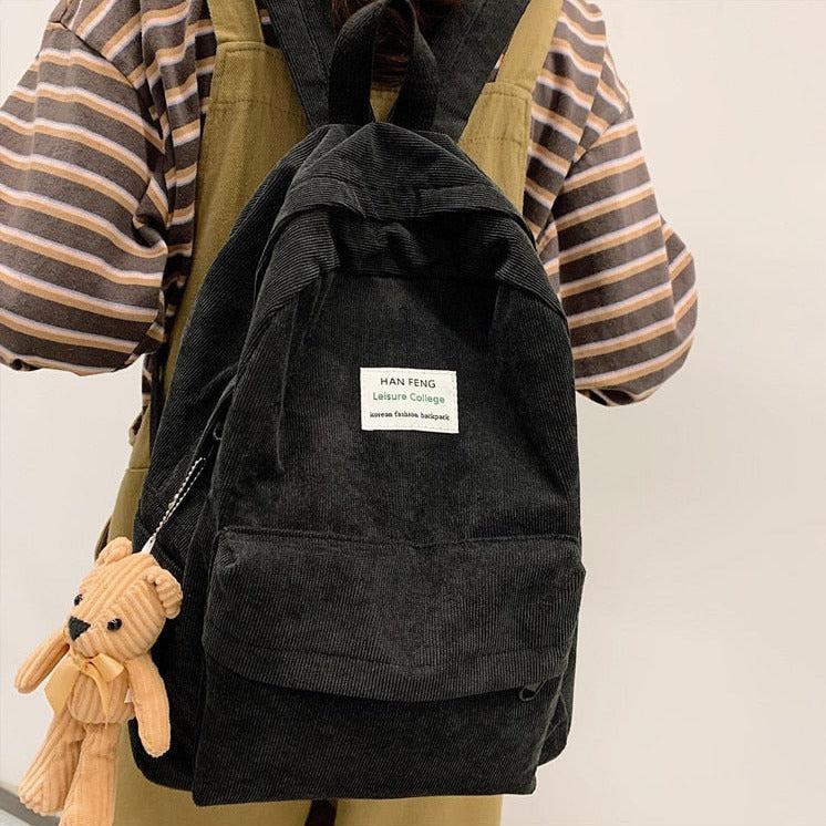 Teddy Bear Corduroy School Backpack Black