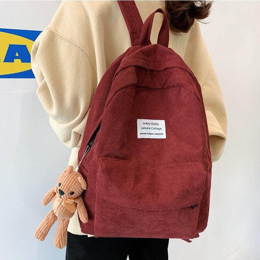 Teddy Bear Corduroy School Backpack Red