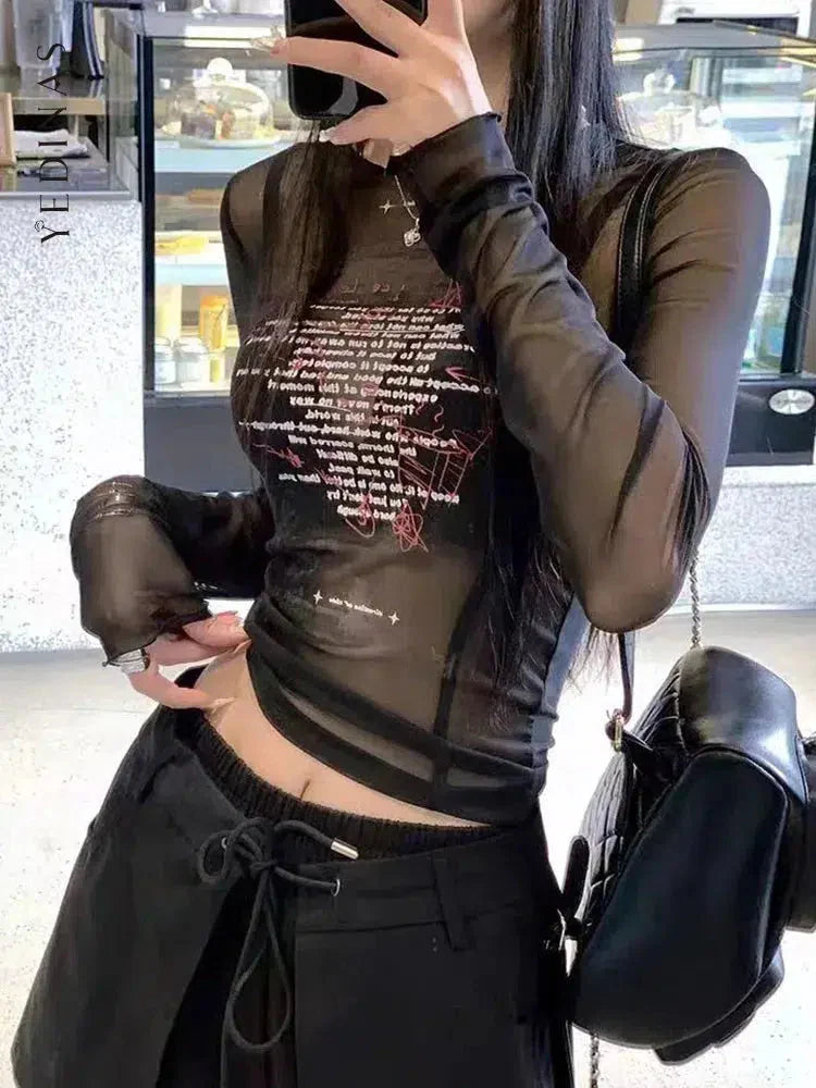 Text Print Sheer Mesh Top Black One Size