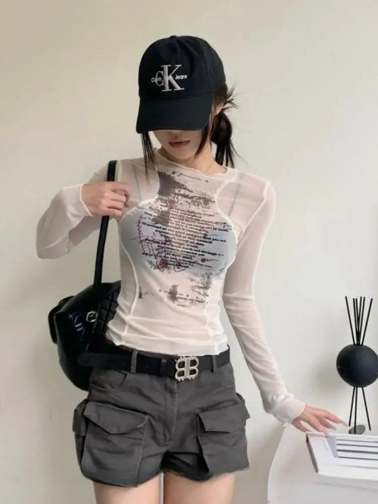 Text Print Sheer Mesh Top White One Size
